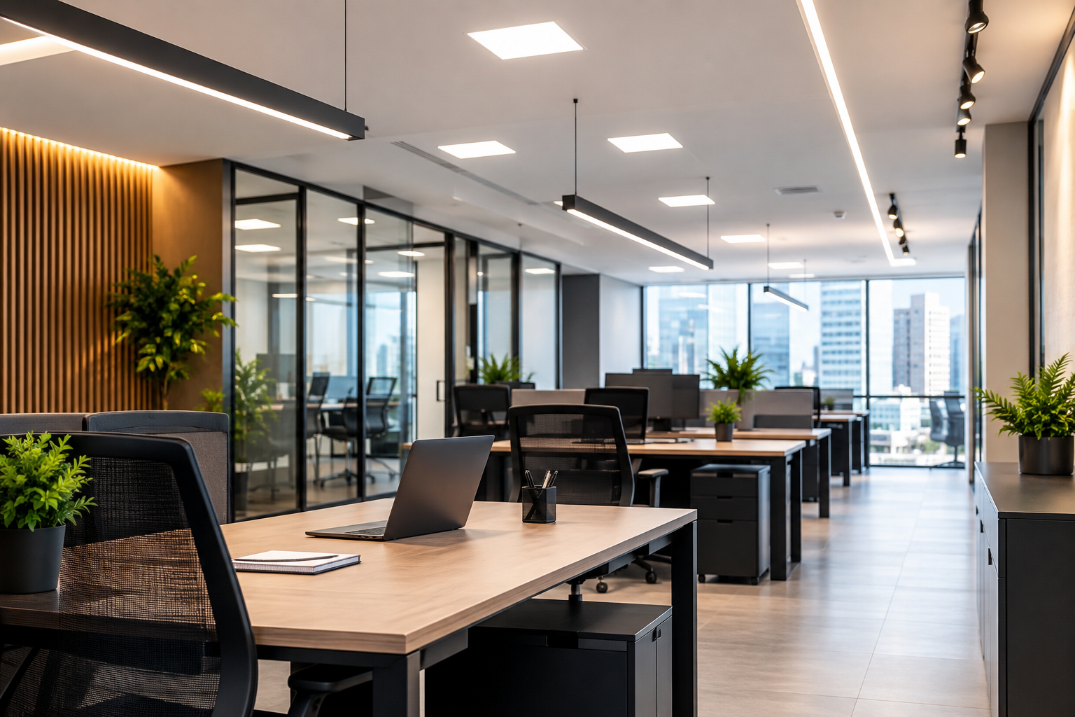 Veja como montar a iluminação do escritório comercial, escolher luminárias, painéis LED e materiais elétricos adequados ao projeto